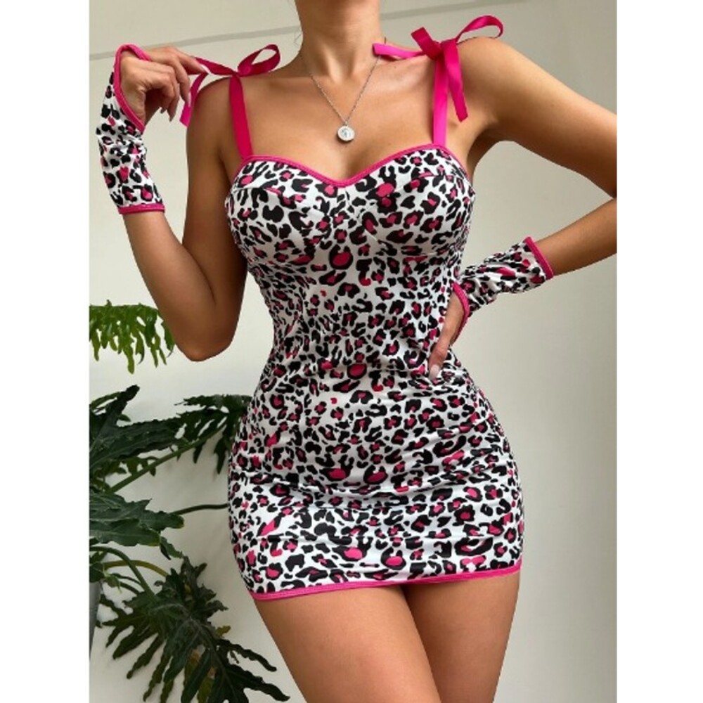 Size 8/10 Leopard Contrast Binding Tie Shoulder Slips & Thong & Fingerless Glove